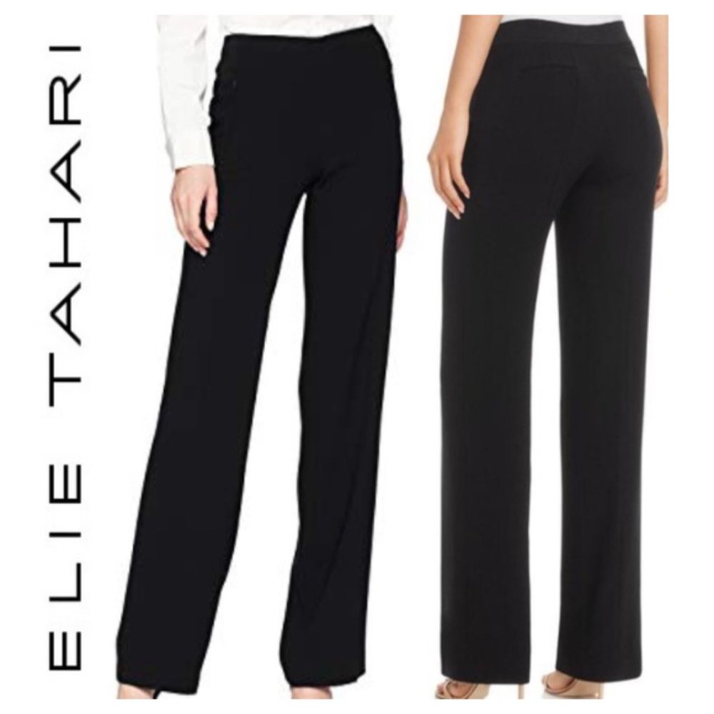 Elie Tahari Black Designer Diva Virgin Wool Wide Leg Trousers Pants
